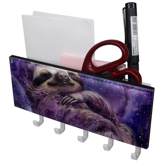 PhooArto Key Holder for Wall Decorative with 5 Key Hooks, Purple Galaxy Sloth Holders Wall Mount Organizer with Mail Key Rack, Self Adhesive
