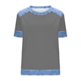 thumbnail image 4 of Craaazy Women's Solid Color Waffle Knit Crewneck Short Sleeve Denim Prints Trim Blouse Loose Fit Casual Top Gifts, 4 of 5