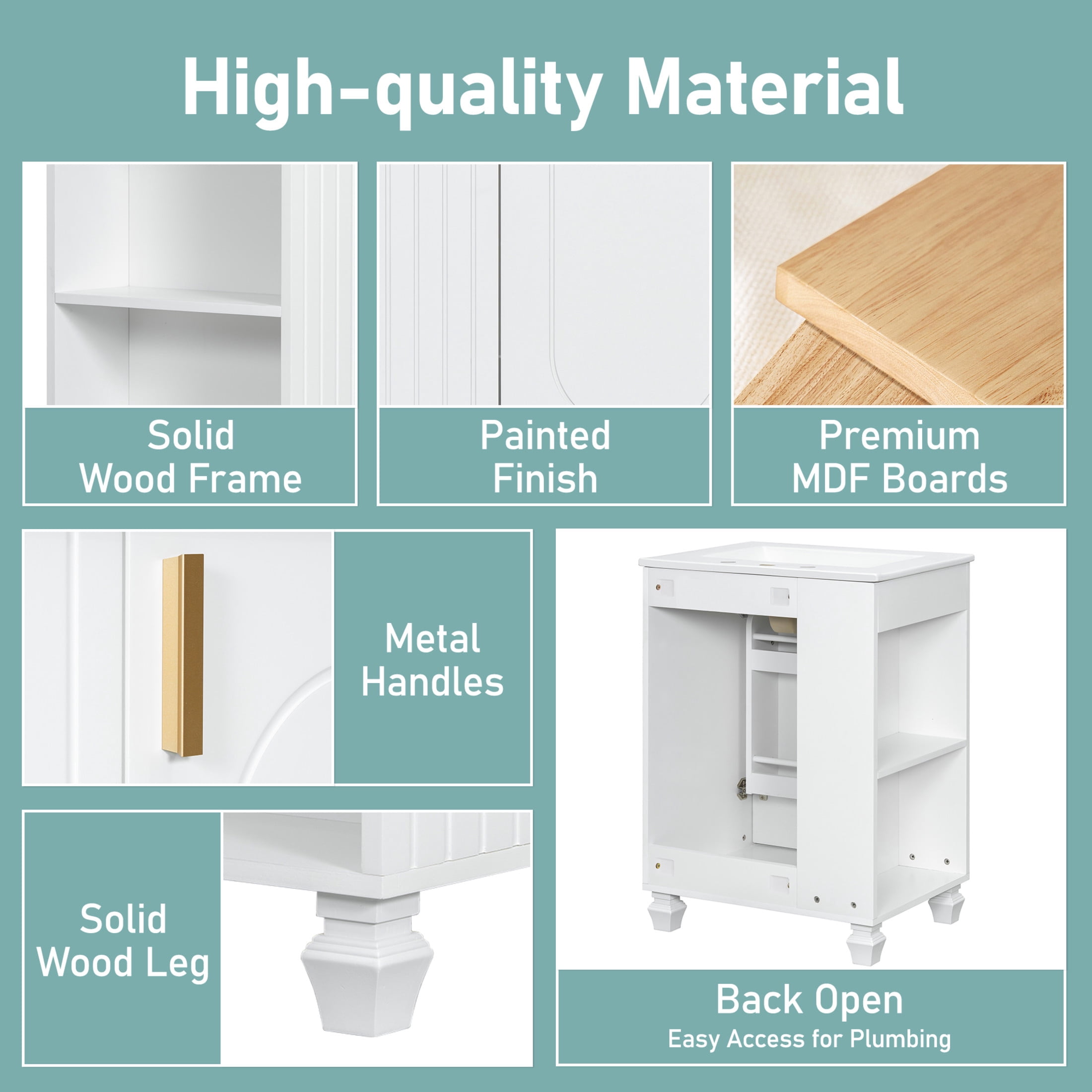 Christopher Knight Home 24" Bathroom Vanity with Sink, Wood Storage Cabinet with Side Open Storage, White