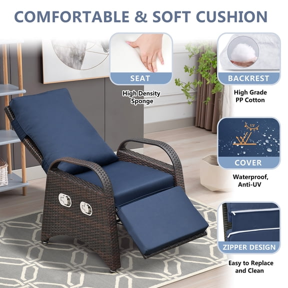 JP Outdoor Rattan Recliner Chair with Cushion,Adjustable Patio Wicker Recliner with Flip Table,Navy Blue