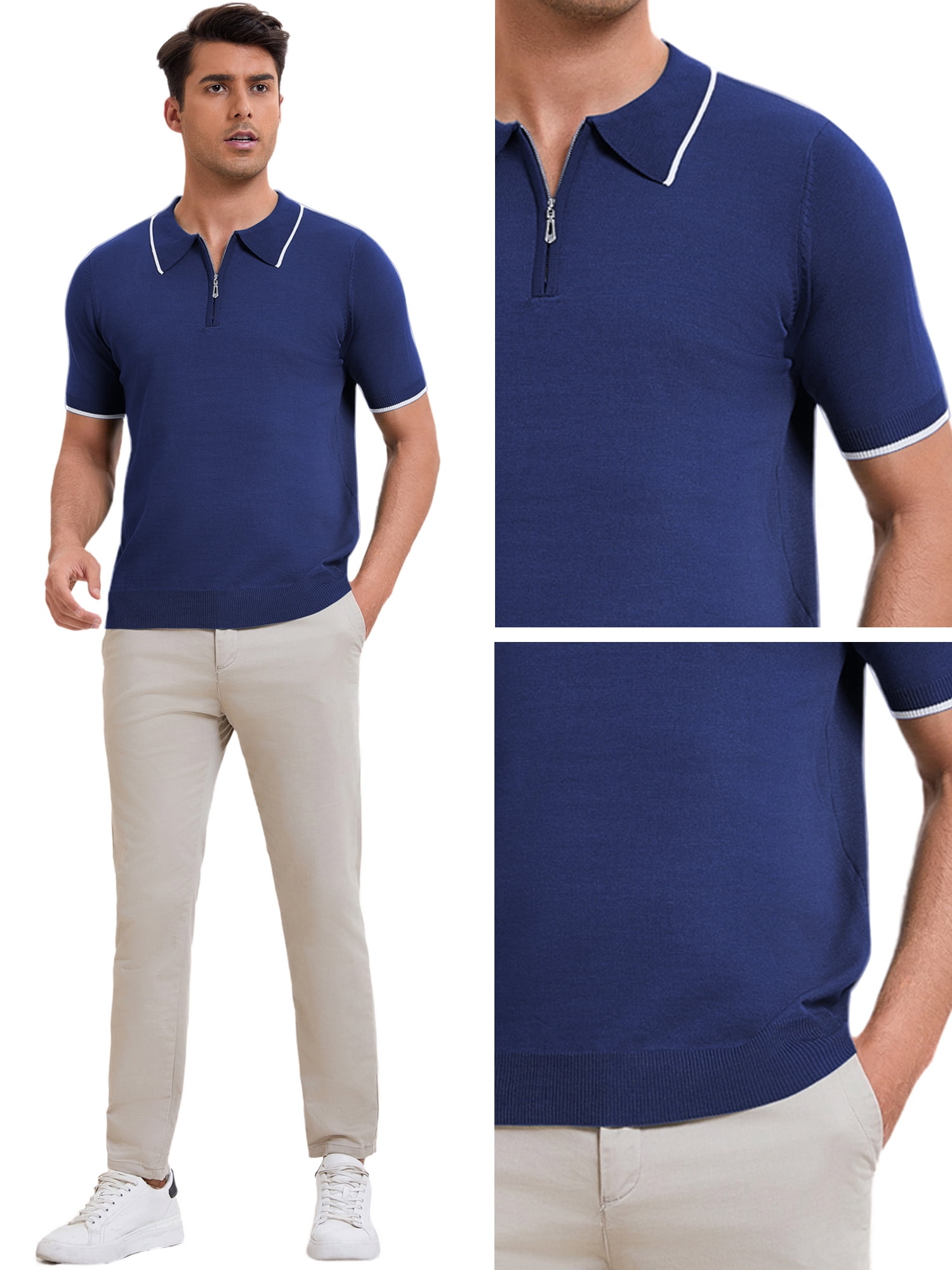 DARING DIVA Men's Formal Short Sleeved Zipper Slim Fit Classic Polo Shirts S Navy Blue