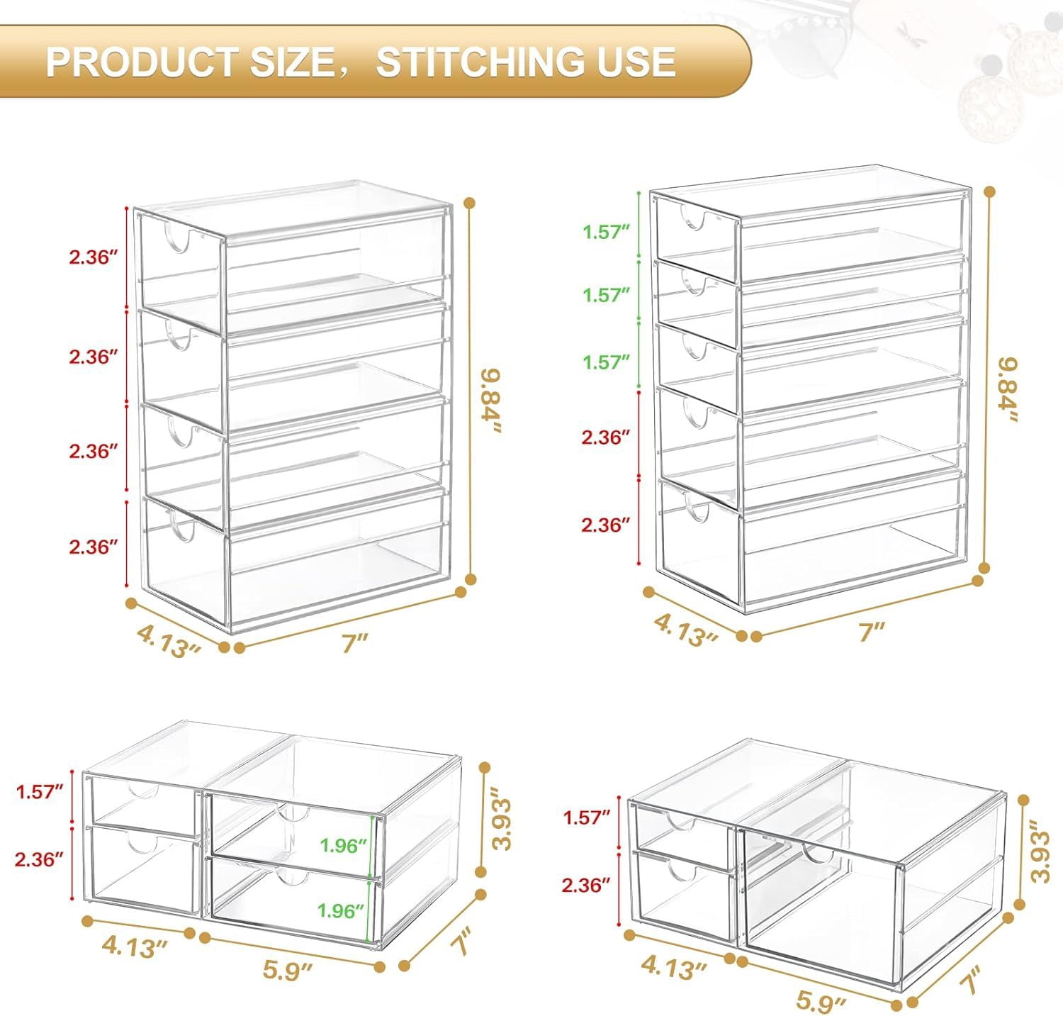 DIANJIE Makeup Organizer Storage with 16 Drawers 4 Pcs Desktop Office Supplies Desk Organizers Clear Accessories Dustproof Storage Drawer for Makeup Jewelry Pen Stationary