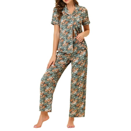 

Unique Bargains Women s Pajama Set Silk Short Sleeves and Pants Floral Satin Sets