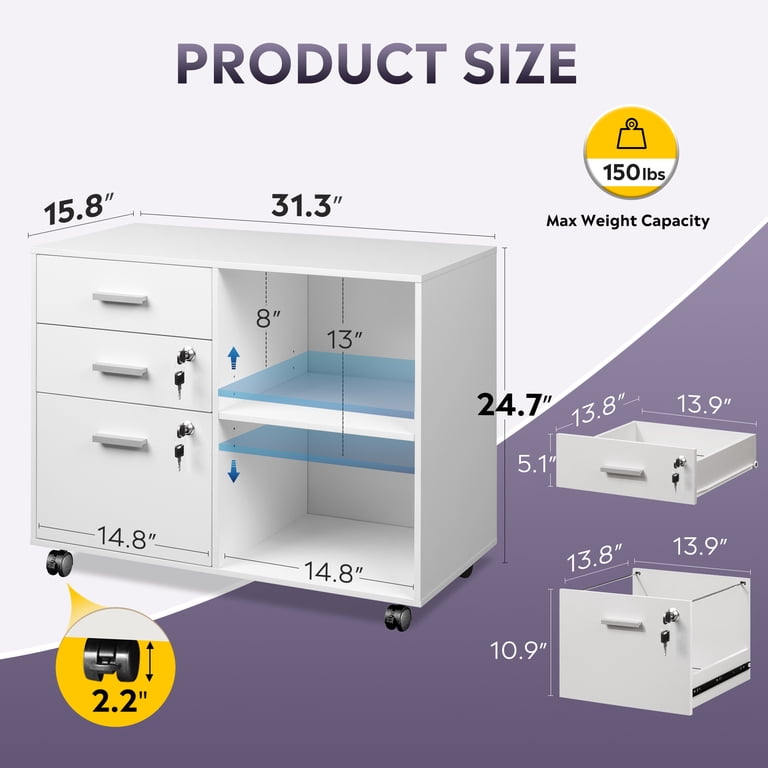 GALAXHERO 3-Drawer Mobile File Cabinet with Lock, White photo 2