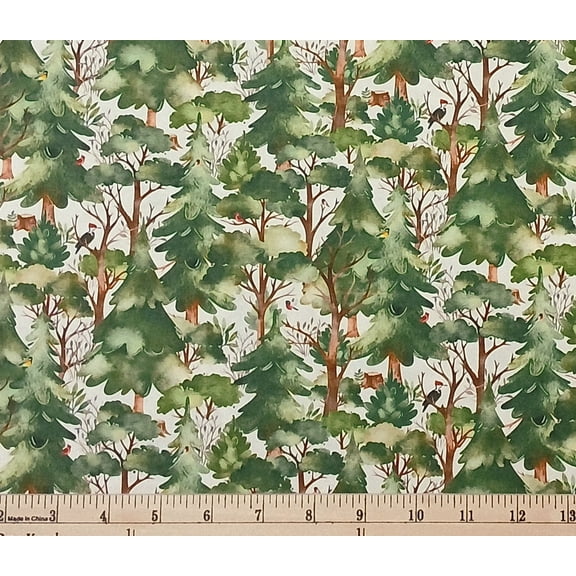 Cotton Who Lives in the Woods Birds Woodpecker Forest Trees Woodland Habitat on White Elizabeth Studios Cotton Fabric Print by the Yard (726WHITE)