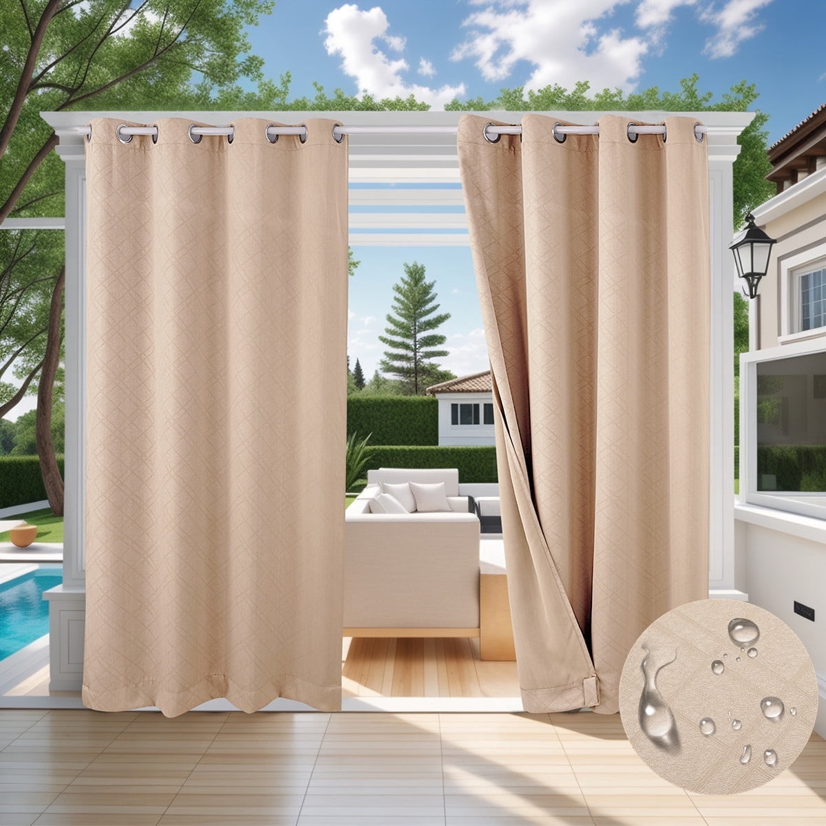 TOPCHANCES 1 Panel Outdoor Curtains for Patio, Waterproof Blackout Outside Curtains with Grommet Top and Tab Bottom, Windproof UV Resistant Drapes for Porch, Pergola, 52 x 94 inch, Beige #2