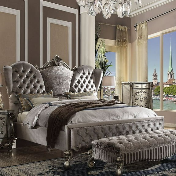 Acme Furniture Versailles Queen Traditional Panel Bed, Antique Platinum Gray