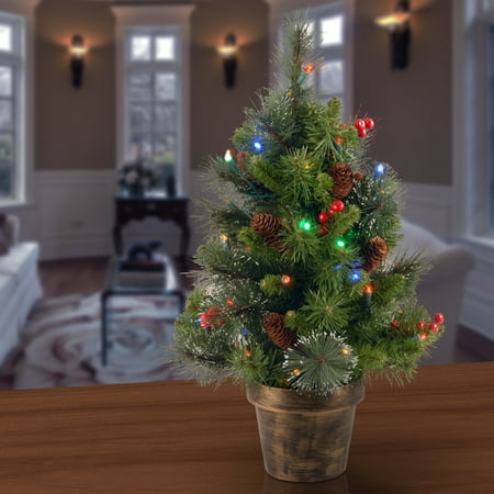 National Tree Company 2 ft. Pre-Lit Artificial Crestwood Spruce Mini Christmas Tree, Green, Multicolor Lights, Decorated with Pinecones, Berry Clusters, Frosted Branches, Includes Pot Base