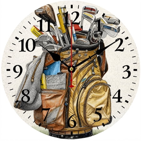 Golf Wall Clock 9.84 Inch, Decorative Sports Wall Clock with Golf Bag and Clubs Design, Battery Operated Round Analog Clock with Easy to Read Numbers for Living Room Bedroom Office Man Cave Decor