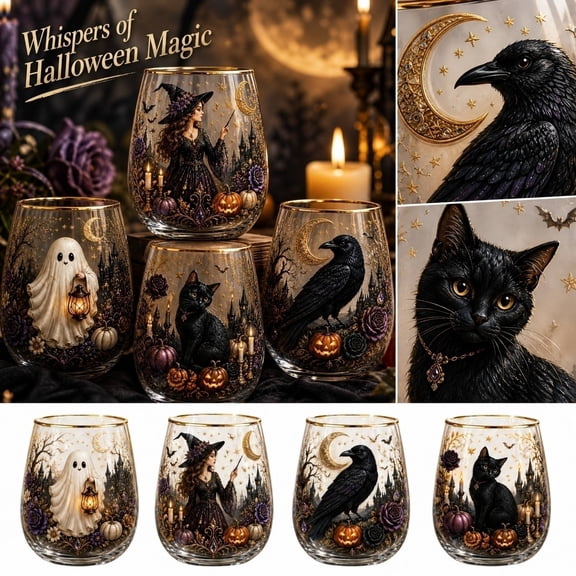 Halloween Decor, Halloween Drinking Glasses, Halloween Icon Glasses, Glass Pumpkin Themed Raven Crescent Moon Stemless Tumbler, 4X2.5 in Gothic Festive Glass Cup for Everyday and