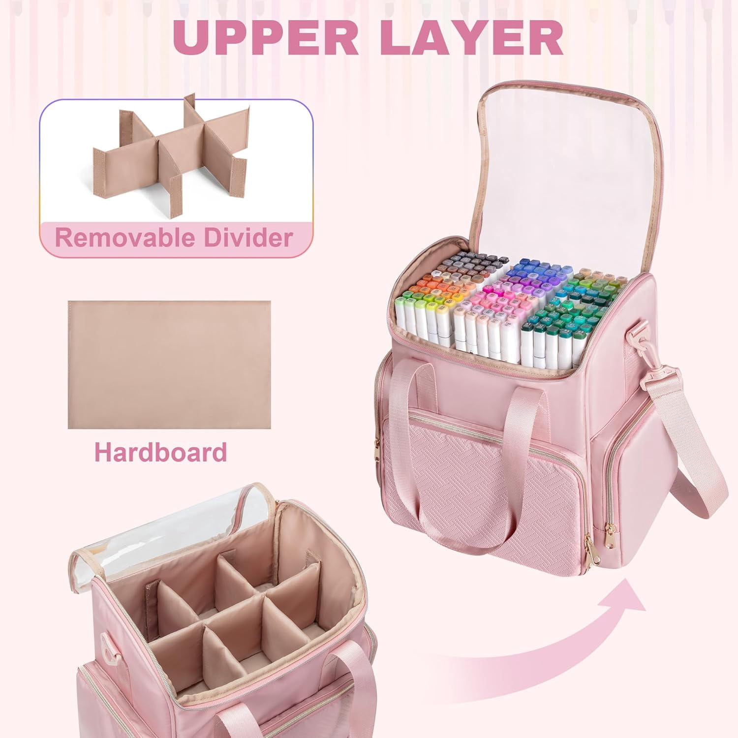 Double Layer Marker Organizer Bag for 400 Markers with Dividers and Pockets, Large Art Storage  for Coloring Supplies, Pink