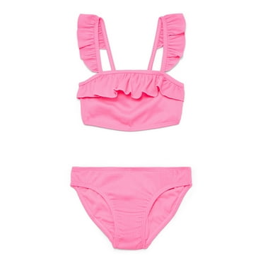 Wonder Nation Girls Ruffle Bikini Top and Scoop Bottoms Swim Set with UPF 50, 2-Piece, Sizes 4-18