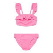 Wonder Nation Girls 2-Piece Ruffle Bikini Top and Scoop Bottoms Swim Set with UPF 50+, Sizes 4-18
