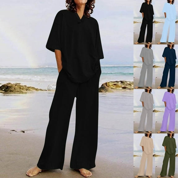 Feancey Vacation Outfits for Women 2 Piece Set Linen Short Sleeve V Neck Top and Elastic Waist Pant Lounge Sets Solid Color Loose Travel Outfit with Pockets Army Green 3XL