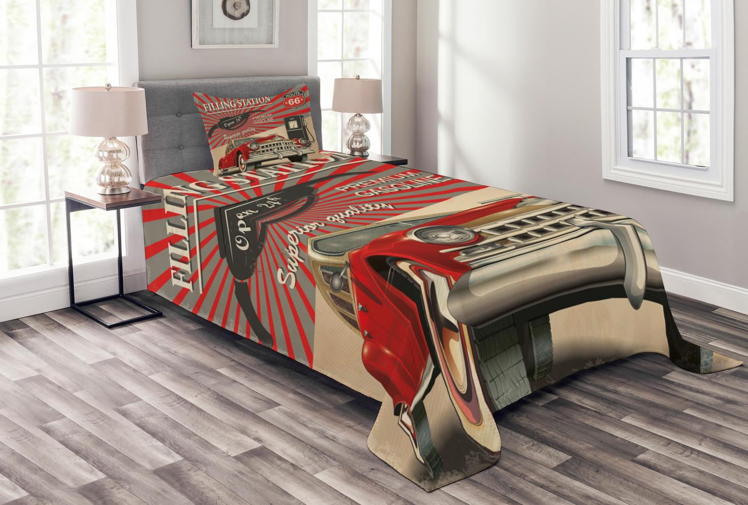 Cars Bedspread Set Poster Style Image Gasoline Station Commercial Cars Bedspread Set Poster Style Image Gasoline Station Commercial Kitschy Element Route 66 Print Decorative Quilted Coverlet With Pillow Shams