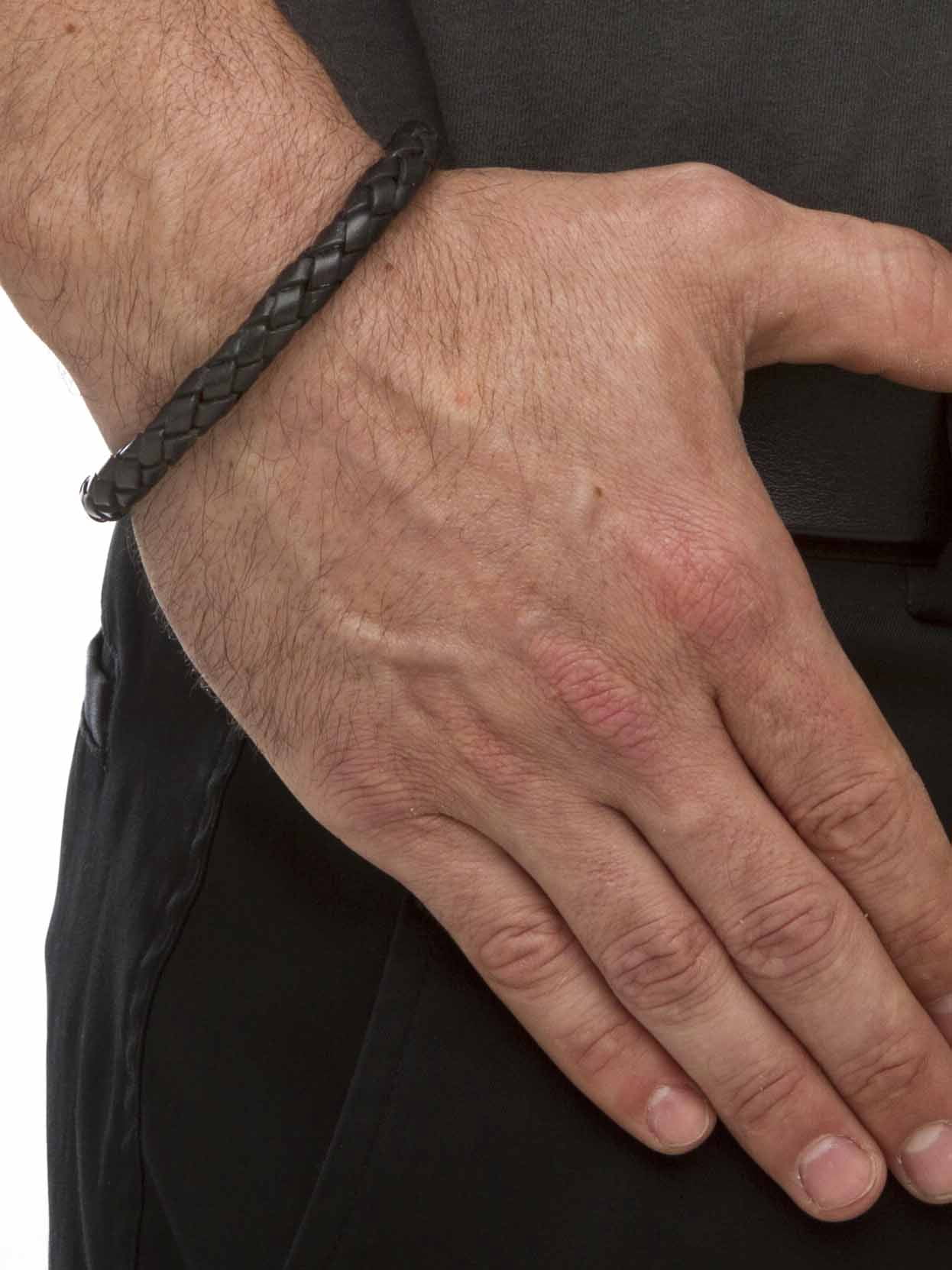 PalmBeach Jewelry Men's Black Leather Bracelet with Stainless Steel Slip Lock Closure 9" or 10"
