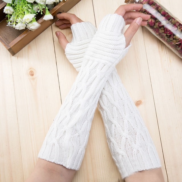 Gants Longs en Laine Tricotée pour Femmes Demi-Doigt Automne et Hiver Femmes Chauds Manche Froissée