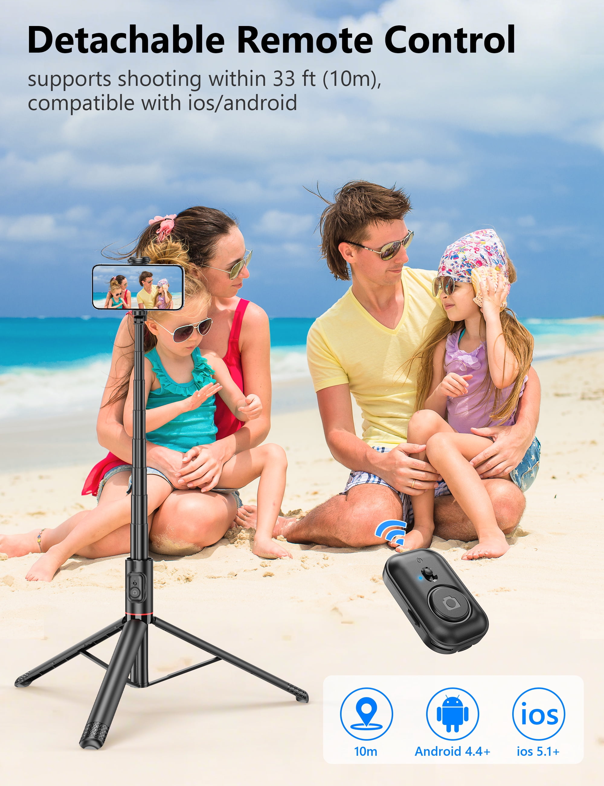 SelfieShow 72" Selfie Stick, 4 in 1 Extendable Phone Tripod Stand with Wireless Remote & Phone Holder 360°Rot Travel Tripod for iphone/Android (Black)