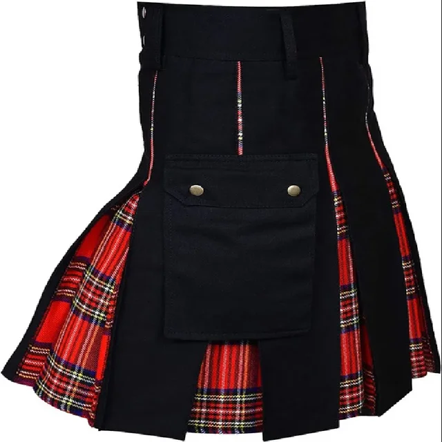 Men's Cotton Utility Kilt With Box Pleats Tartan Design Adjustable Waist Deep Pockets