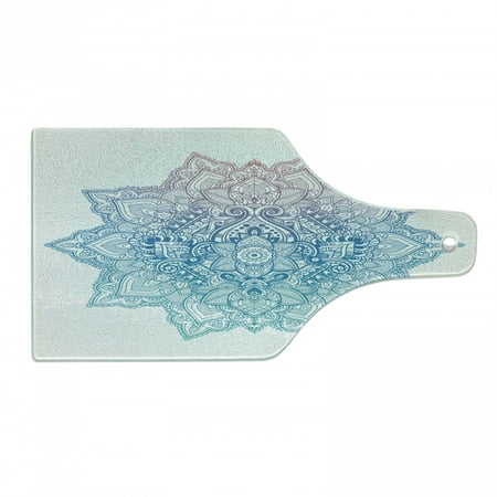 

Lotus Cutting Board Bohemian Tattoo Style Pastel Toned Mandala Abstract Lotus Flower Design Decorative Tempered Glass Cutting and Serving Board Wine Bottle Shape Pale Blue Lilac by Ambesonne
