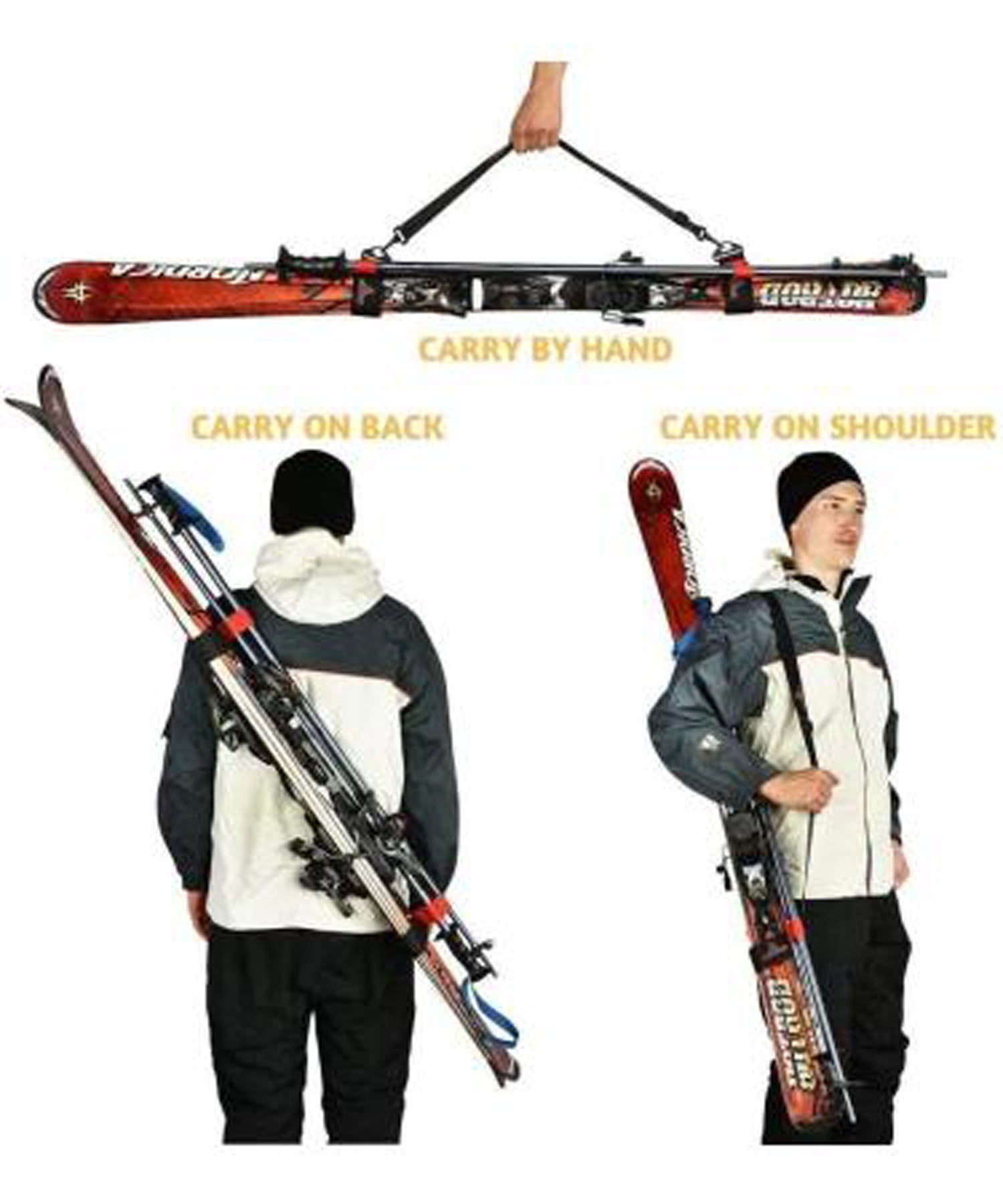 Ski Carrier Strap 2-Pack with Padded Hook-and-Loop – Adjustable Ski & Pole Carry Strap with Shoulder Sling – Includes Bonus Ski Boot Carrier – Compact Snow Gear Accessory