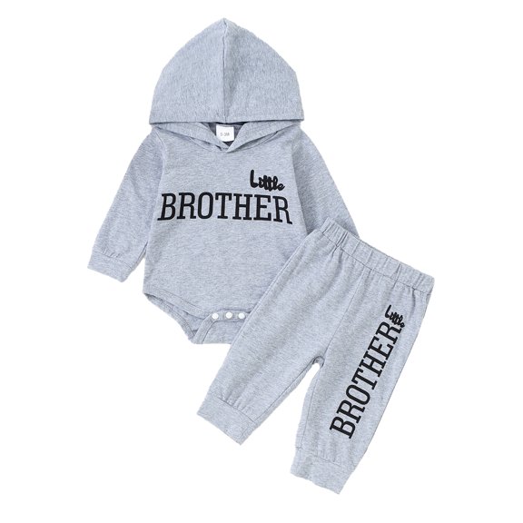 Newborn Baby Boys Clothes 3 Months Boys 2PCS Hoodie Romper Outfits Set Letter Print Newborn Boys Long Sleeve Top Pants Set Gray