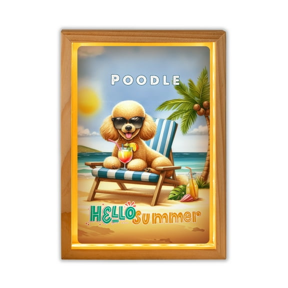 Poodle Hello Summer Beach Theme with Sunglasses and Tropical Cocktail Acrylic Plaque with Wood Photo Frame Box Poodles Dog Lover Gifts Idea Light Box - 00009