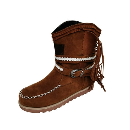 

jsaierl Round Toe Flat Heel Platform Suede Flat Belt Buckle Fringed Short Boots Women s Boots