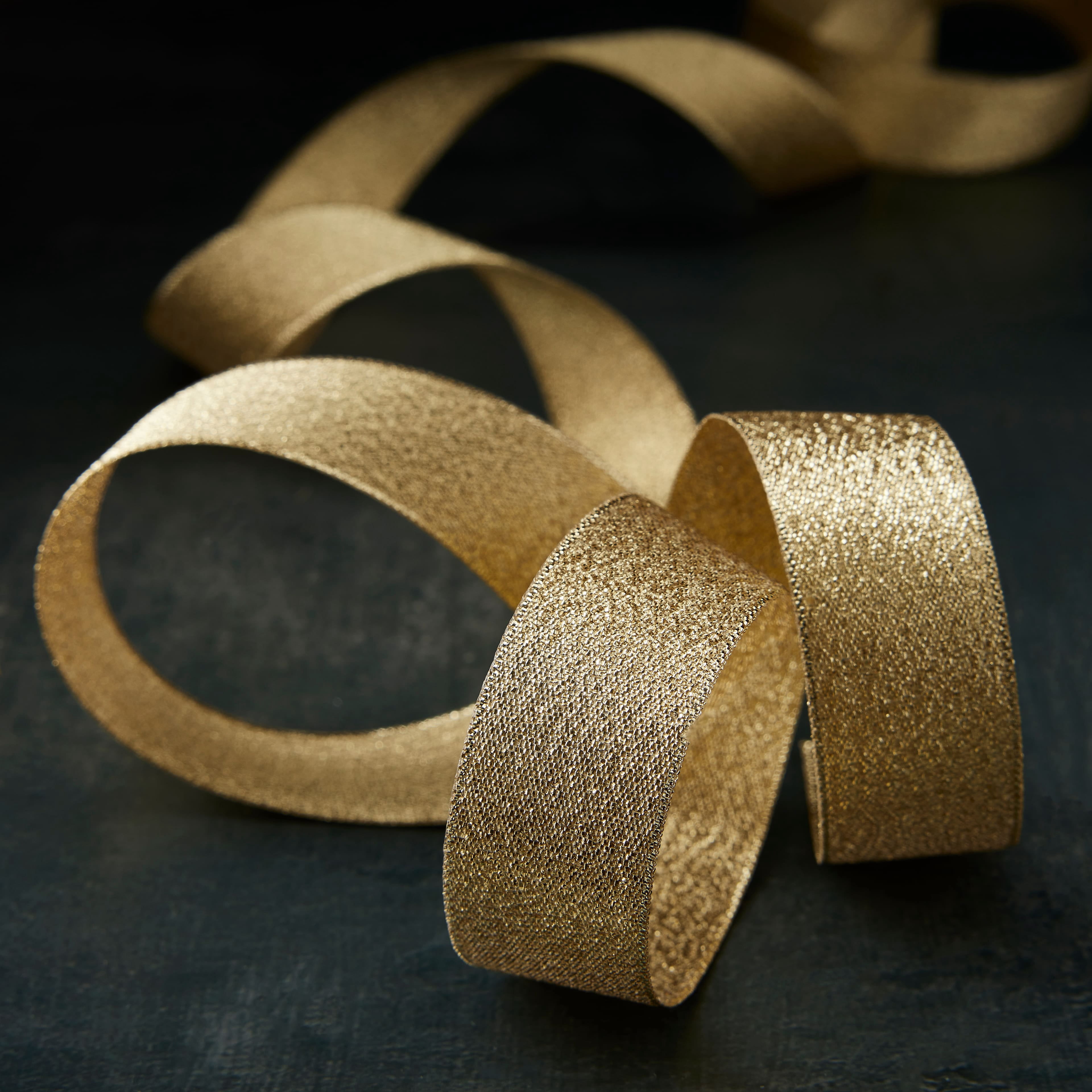 Celebrate It 7/8" x 5yd. Gold Metallic Ribbon - Non-Wired with Woven Selvage, Polyester & Metallic, Ideal for Gift Wrapping, Baskets & Holiday Crafts, 12 Pack