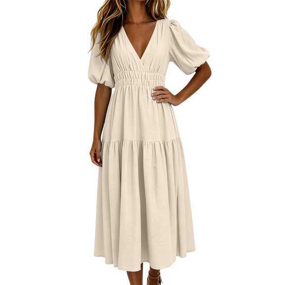 Erwazi Summer Dresses for Women Solid V Neck Puff Dress Waist Cinched Back Zipper Trendy Casual Style Daily Outdoor Activities Dresses