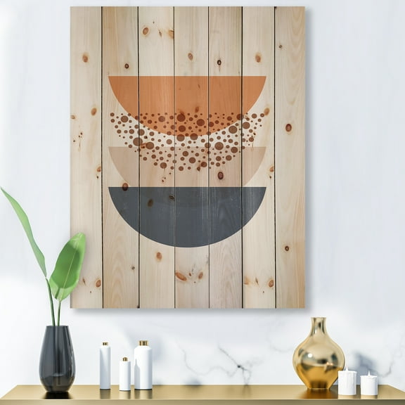 Designart 'Abstract Moon and Sun Geometrics In Blue & Orange' Modern Print on Natural Pine Wood