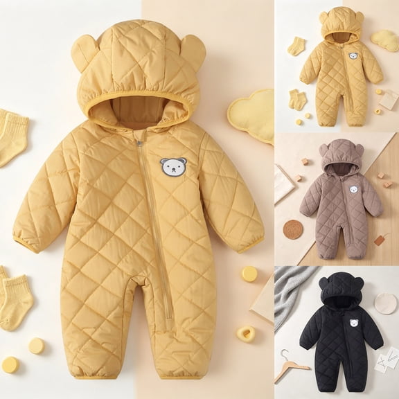 Faraee Unisex Toddler Quilted Padded Winter Romper Baby Bear Embroidery Hooded Ear Zip Up One Piece Jumpsuit Warm Infant Outer Snowsuit for Boys Girls Cold Season Wear