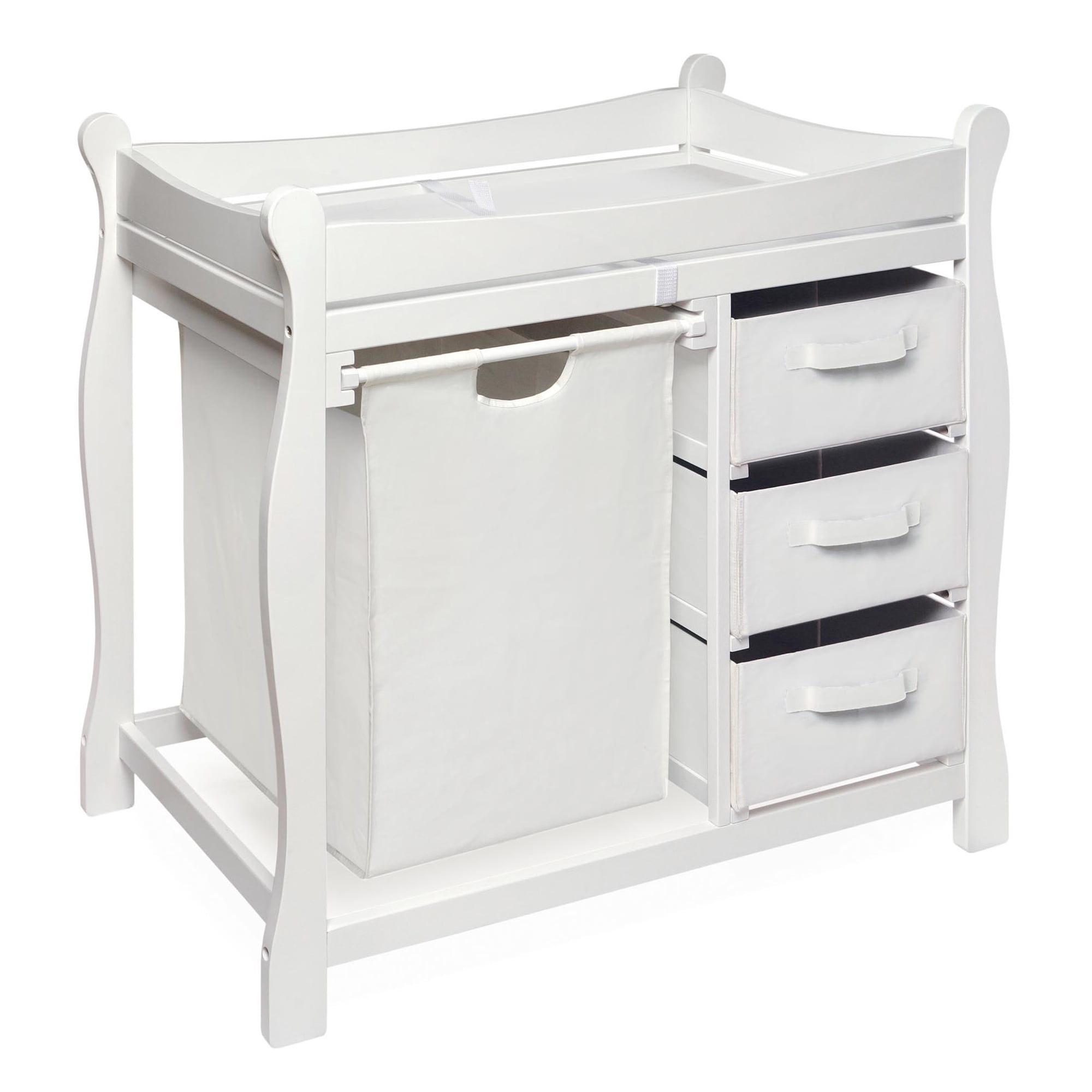 Badger Basket Wooden Sleigh Style 3 Drawers Baby Diaper Changing Table with Hamper and Baskets, White