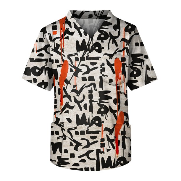Fashion Men's Short Sleeve V Neck Printed Working Chest Pocket Carer Top XL