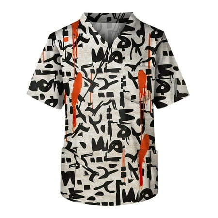

HHei_K Scrubs Men Fashion Men s Short Sleeve V Neck Printed Working Chest Pocket Carer Top