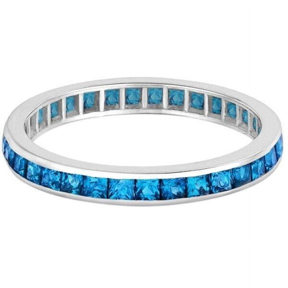 Channel Set Princess-Cut Blue Topaz Eternity Ring Band 925 Sterling Silver Gemstone Jewelry For Women Gift