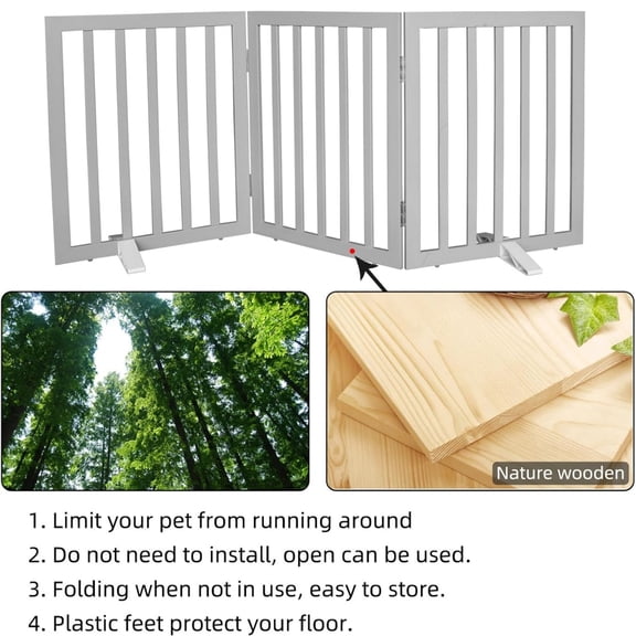 Dog Gate Indoor, Freestanding Dog Fence for The House, Doorways, Hallways,or Stairs,Pet Gate Foldable Wooden,Expandable 24" Height 3 Panels,Grey