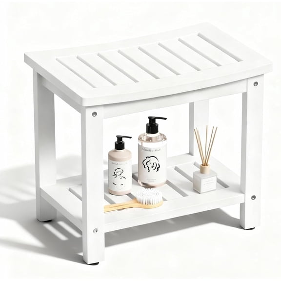 Kaleemen Shower Bench with Storage Shelf, Waterproof & Non-Slip Design Shower Stool for Bathroom, Living Room,White