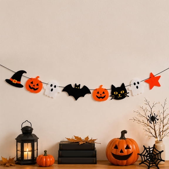2PC Halloween Pennant Garland, Pumpkin Ghost Star and Spider Cutout Bunting Banner, Spooky Night Themed Wall Hanging Decor for Holiday Party Background and Indoor Scene Decoration