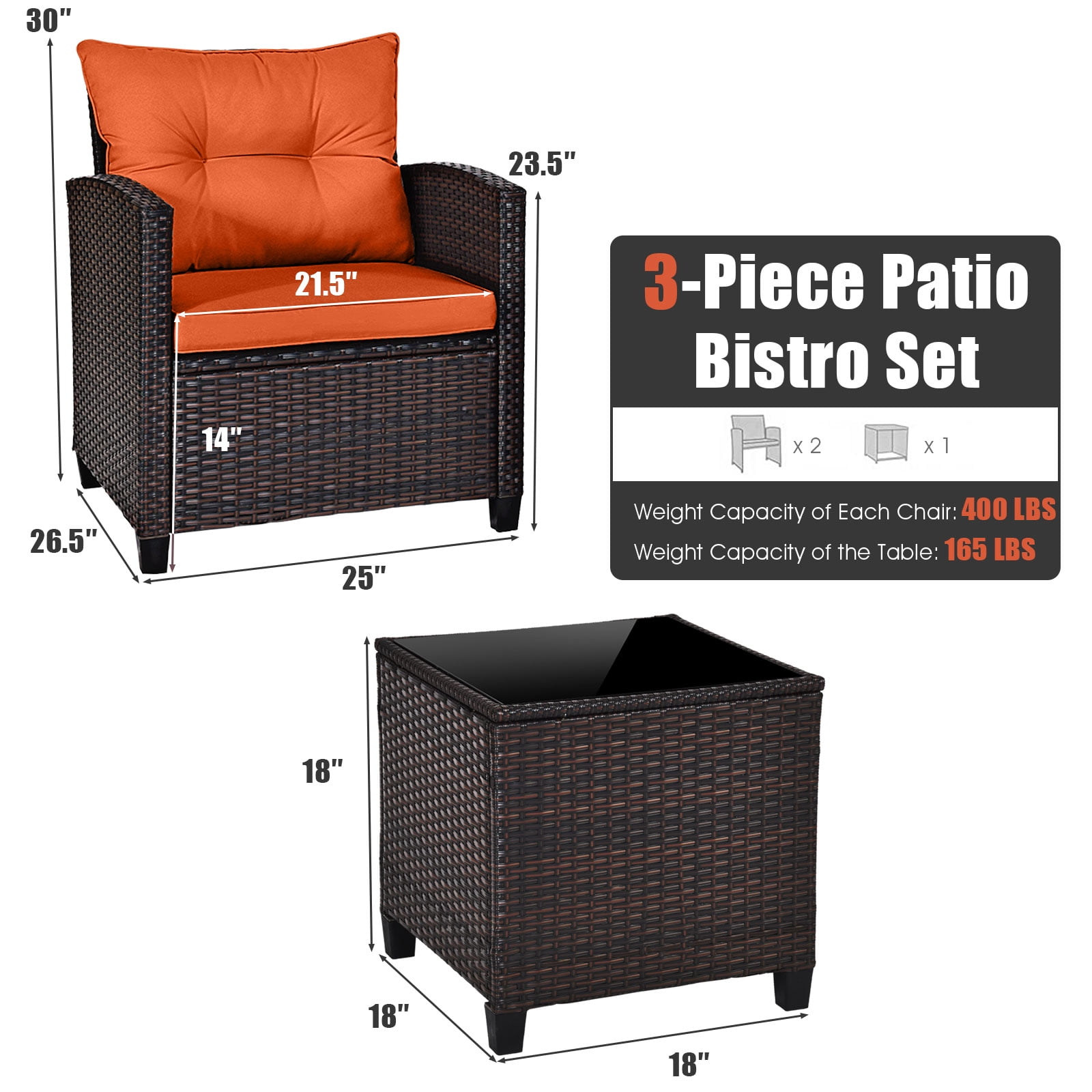 Gymax Set of 3 Rattan Furniture Set Patio Cushioned Conversation Set Sofa Orange