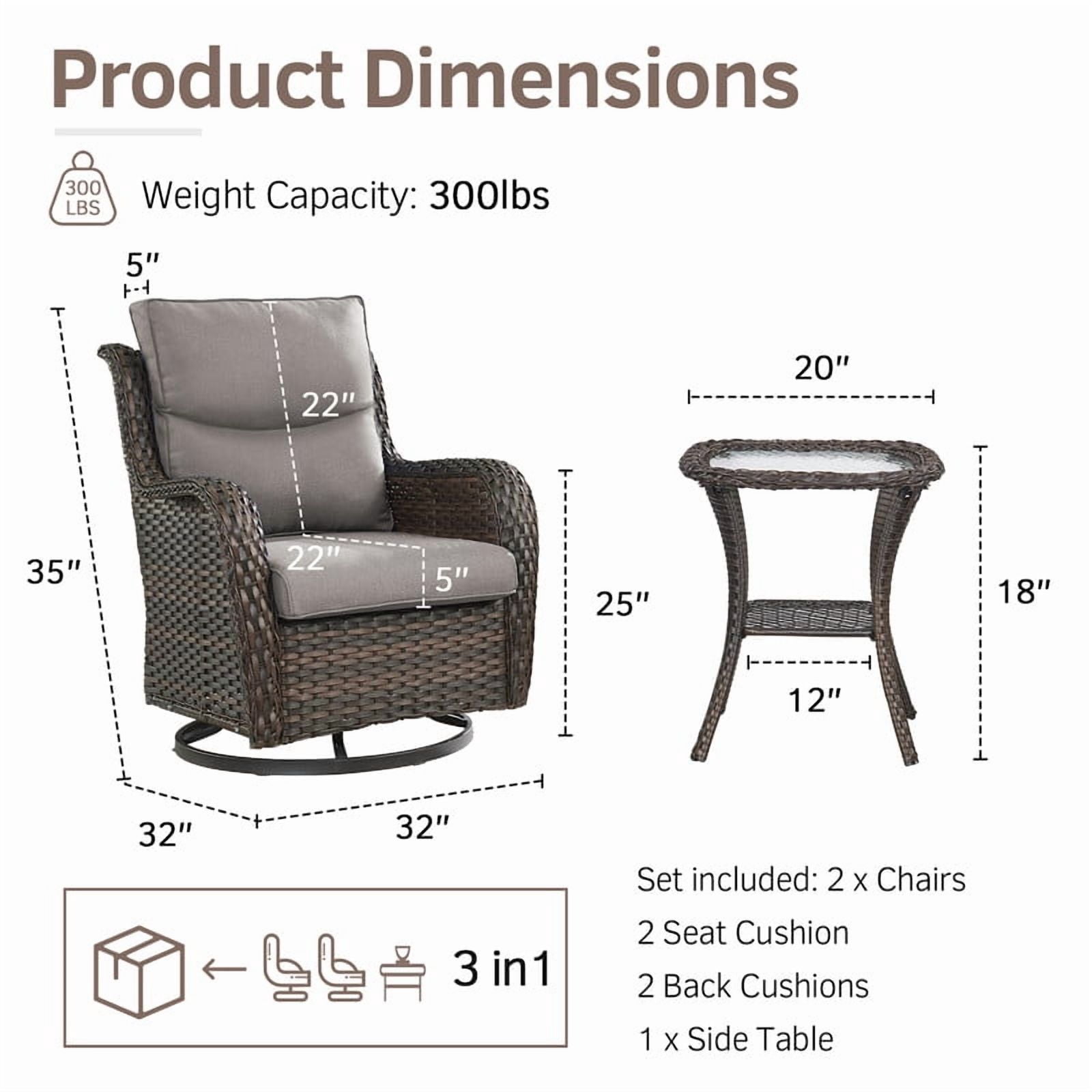 PARKWELL 3-Piece Patio Wicker Chairs Swivel Rocker Set,Outdoor High Back Swivel Glider Rocking Lounge Chairs with Side Table for Patio Deck Garden,Brown/Gray