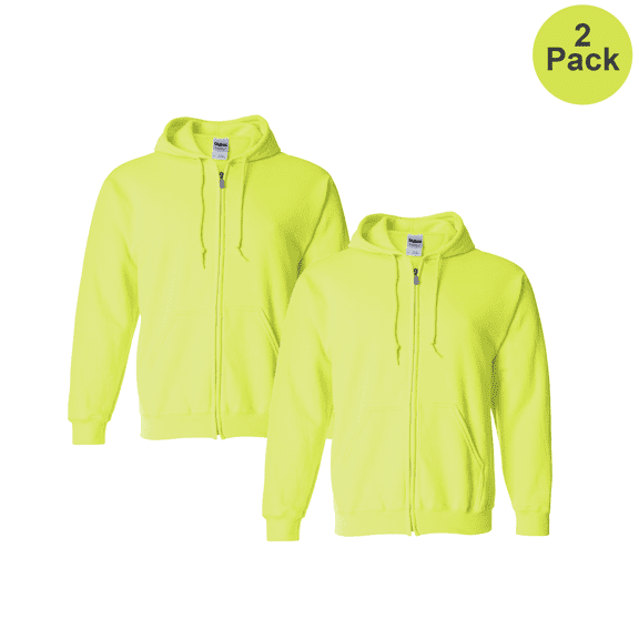 Gildan Men's Hi Vis Full-Zip Hooded Sweatshirt Safety Green, Heavy Blend Fleece Hoodie, 2-Pack, XL