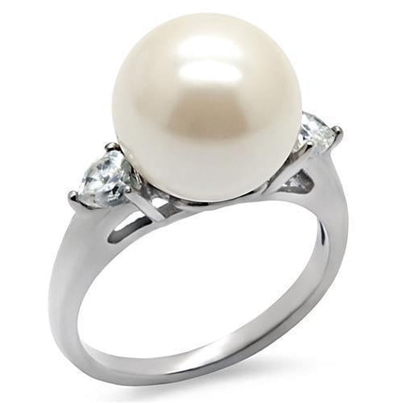 Womens Rings High polished (no plating) Stainless Steel Ring with Synthetic Pearl in Aurora Borealis (Rainbow Effect) TK090