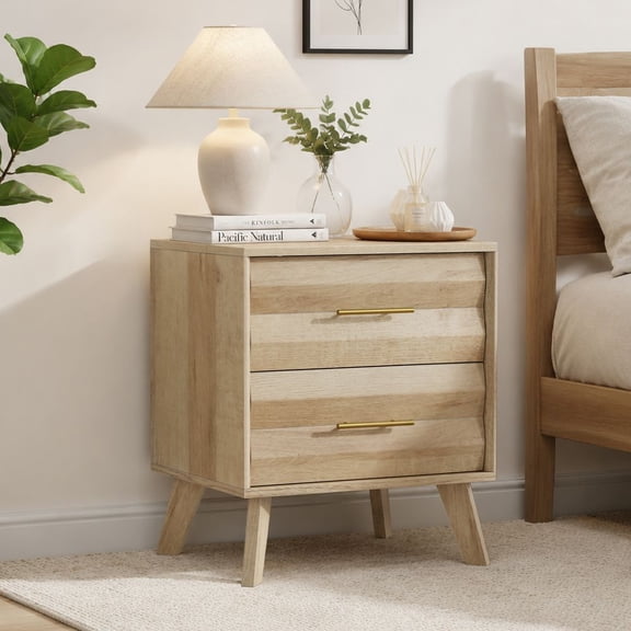 LUMAMIN Double Drawer Bedside Table, Nightstand with Metal Handles, Modern Medieval Style Bedroom Storage Cabinet for Nightstand or Side Table, Oak