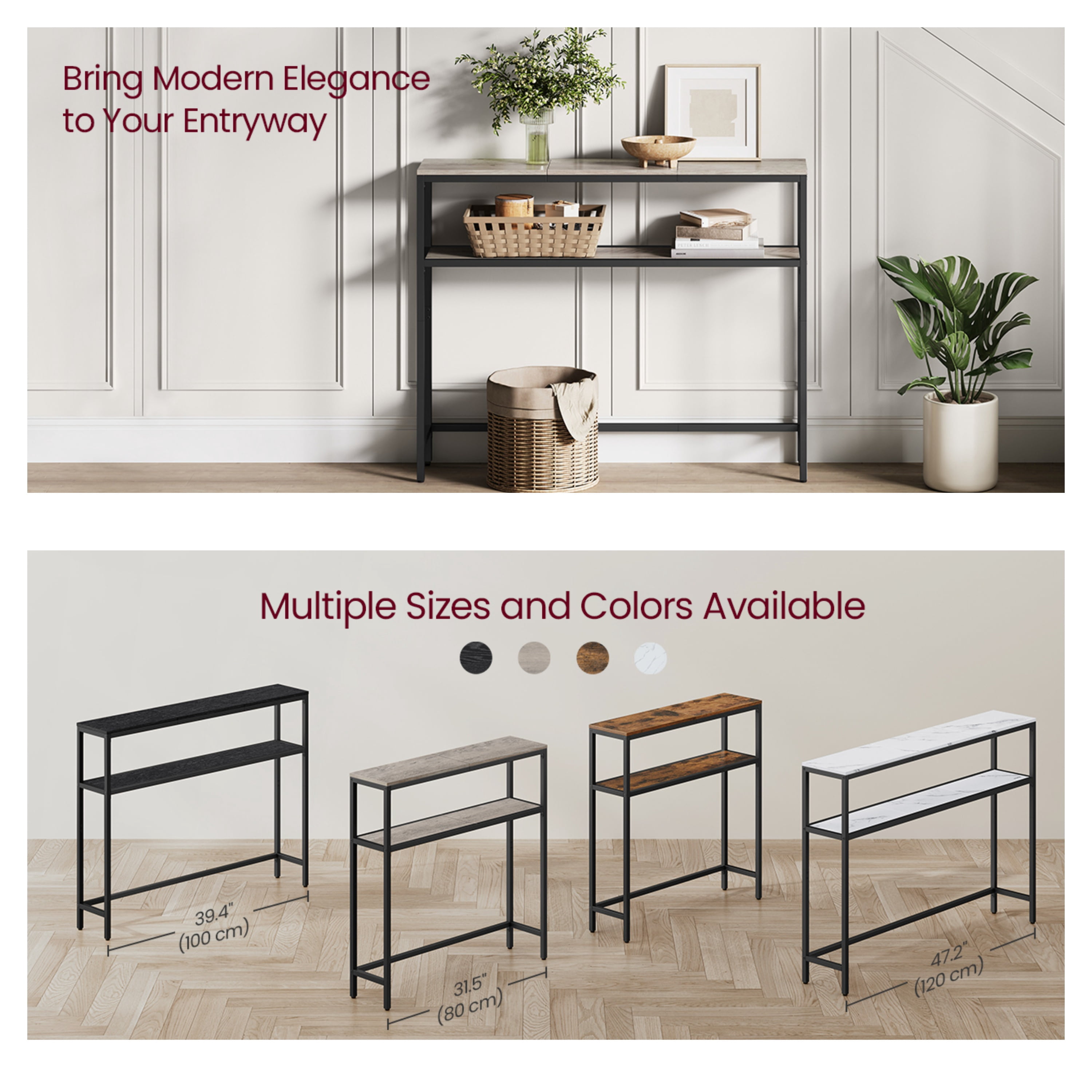 LEDREM 31.5" Modern Console Table, 2-Tier Narrow Sofa Table with Adjustable Feet, Entryway Shelf, Heather Greige and Black