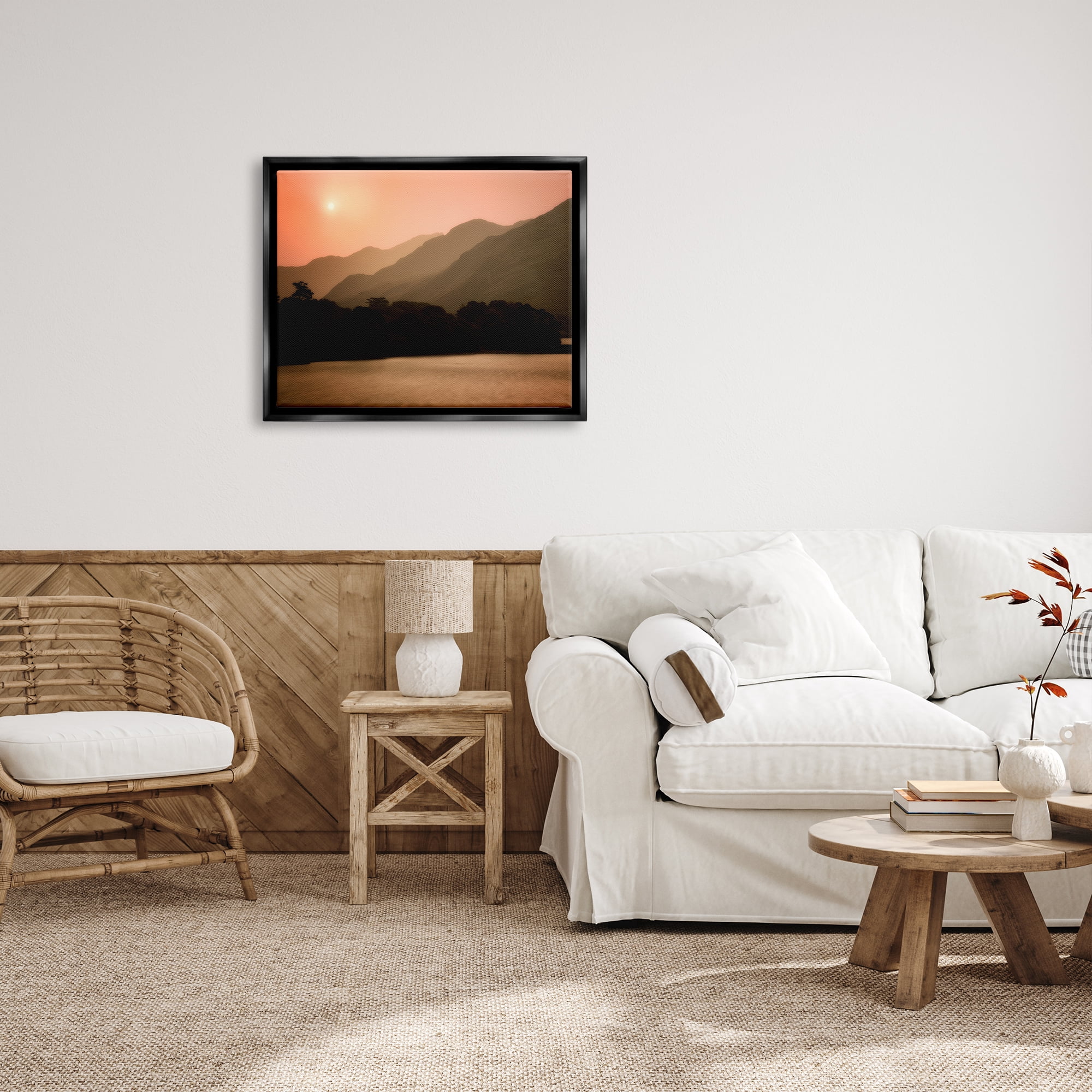 Stupell Industries Sunset over Mountain Peaks Nature Photography Black Floater Framed Art Print Wall Art, 31 x 25