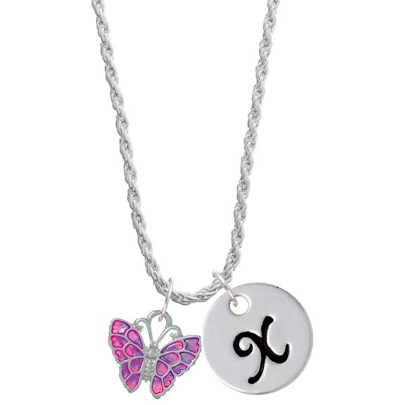 Delight Jewelry Silvertone Hot Pink & Purple Butterfly Silvertone Script Initial Disc - X - Charm Necklace, 20" 3"