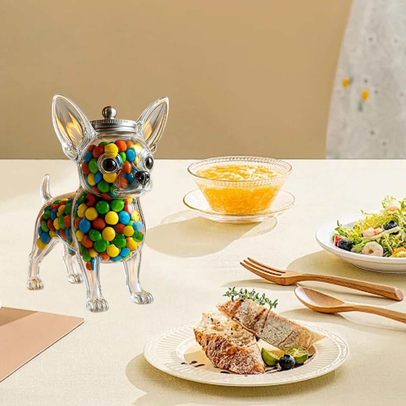 Dserhfy Pet Treat Jar Reusable Dog Shape Glass Airtight Pet Food Storage Container Chihuahua/French Bulldog/Dachshund Candy Snack Holder with Lid for Kitchen Countertop