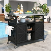 Outdoor Kitchen Island, Rolling Bar Cart & Storage Cabinet, Farmhouse Solid Wood Outdoor Grill Table with Stainless Steel Top, Spice Rack, Towel Rack for Kitchen & Barbecue, Black44125