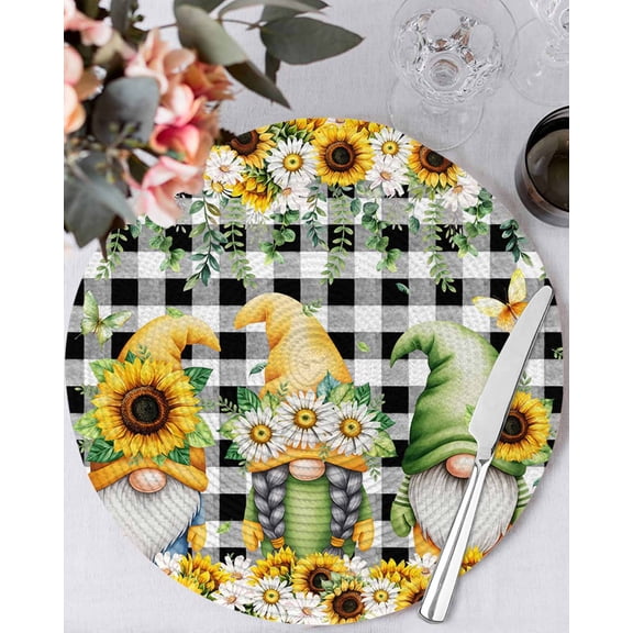 13 Inch Round Placemats Set of 6, Spring Gnomes Non Slip Heat Insulation PP Table Mats, Botanical Budding Sunflowers Buffalo Plaid Washable Place Mats for Kitchen Dining Party Table Decor